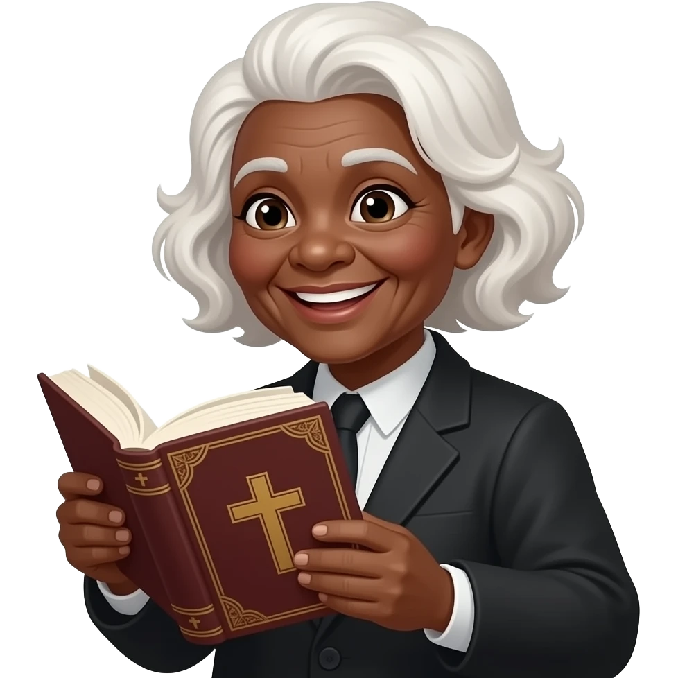wise old woman with white hair black skin smile with book that has a cross on it emoji