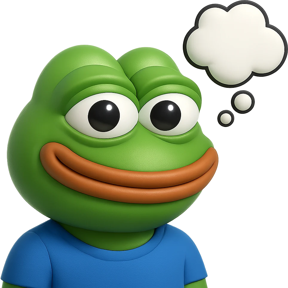 make a pepe in bright green smiling and looking straight at the camera with thought bubble looking at right right in 3d style, good highlights and shadows, drop shadows emoji