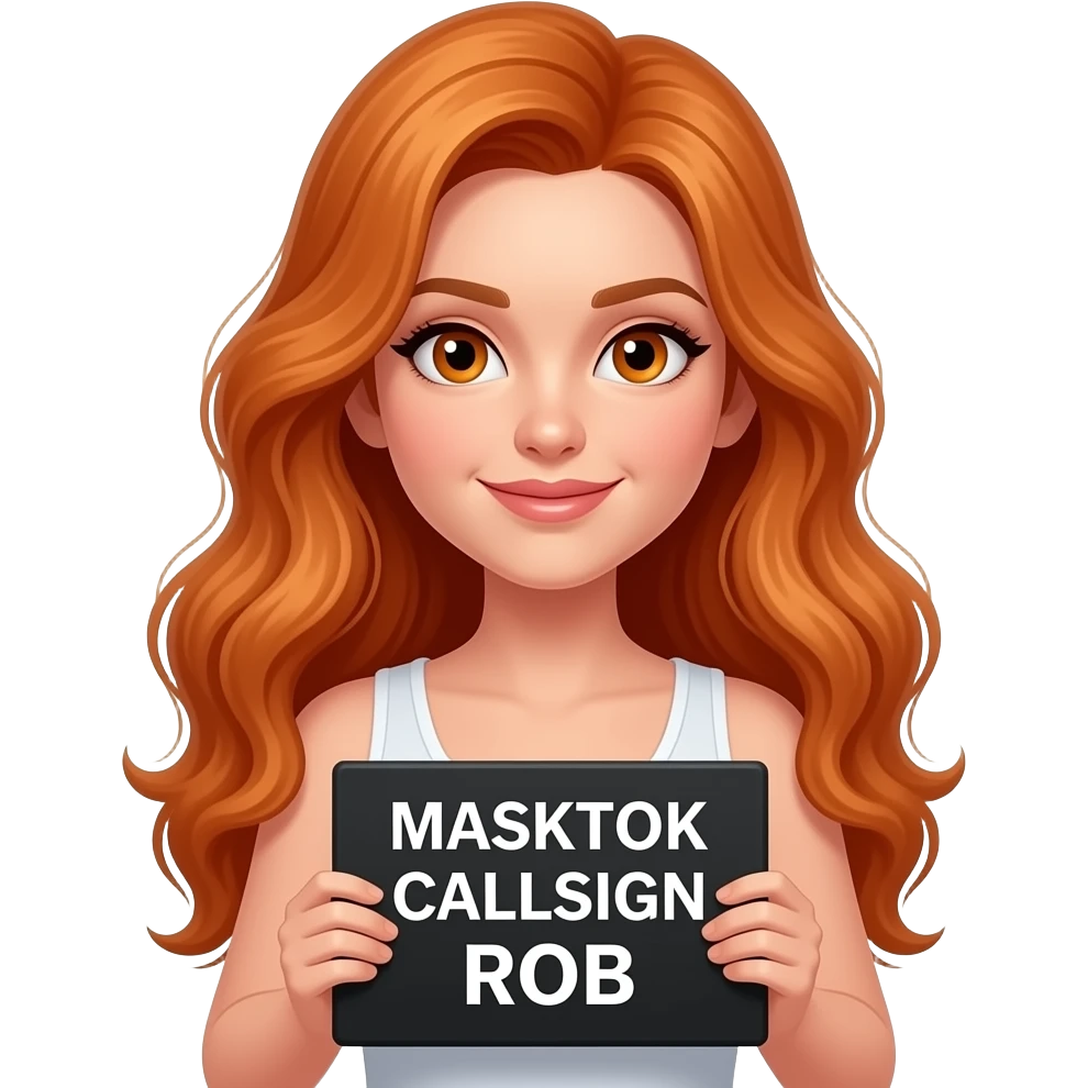 sexy girl with long wavy ginger hair and ginger eyes wearing a white tanktop is holding a black colored sign with MASKTOK CALLSIGN ROB written on it emoji