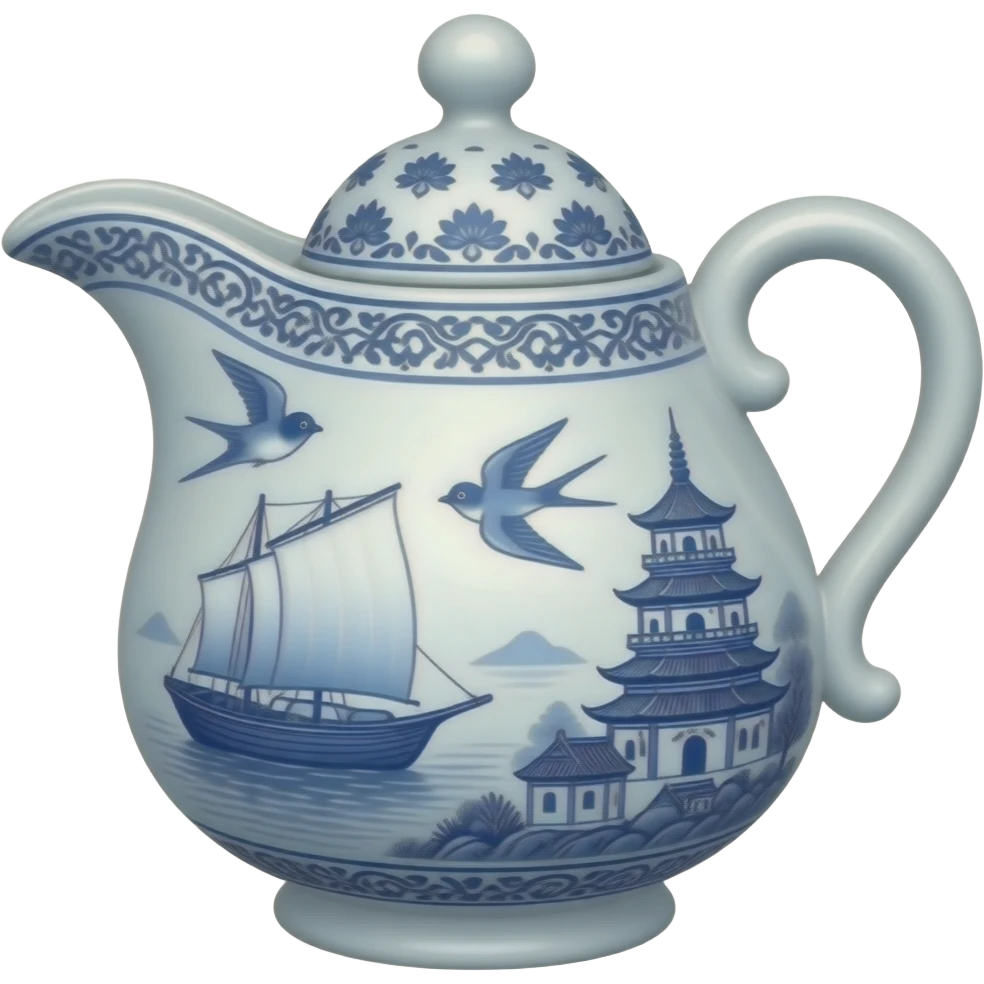 chinoiserie blue willow china pattern gravy boat with a boat, pagodas and two swallows emoji