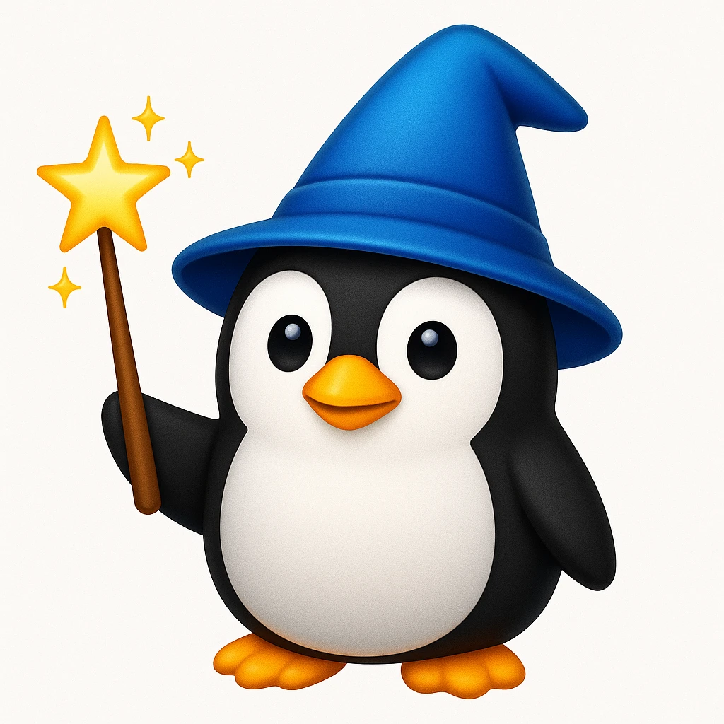 A penguin wizard in the style of Apple emoji emoji