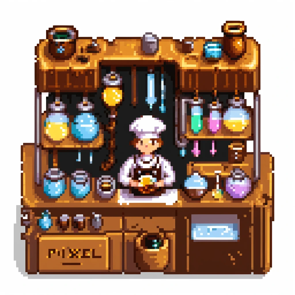 Ein Bäcker mit einem Labor aus Zuckerglas, Karamellrohren und Honigflüssigkeiten. Die Umgebung wirkt wie ein süßes Steampunk-Labor. Interface-Elemente imitieren klebrige Texturen, mit tropfenden Effekten und glänzenden Bonbonfarben emoji