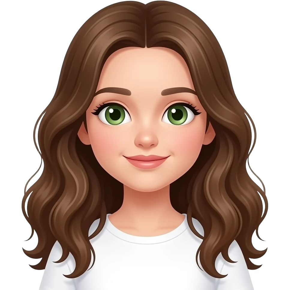 CUTE GIRL WITH WAVEY LONG BROWN HAIR AND GREEN EYES IN CUTE WHITE TOP emoji