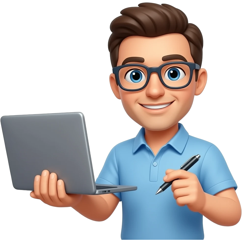 컴퓨터와 펜을 각각 양손에 든 안경쓴 사람 이모티콘 emoji