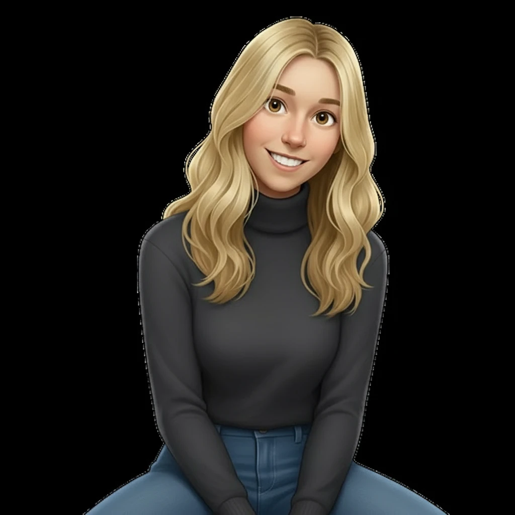 нарисуй эту девушку с точно таким же лицом строго фас она сидит в водолазке и джинсах, без шапки, без фона  emoji