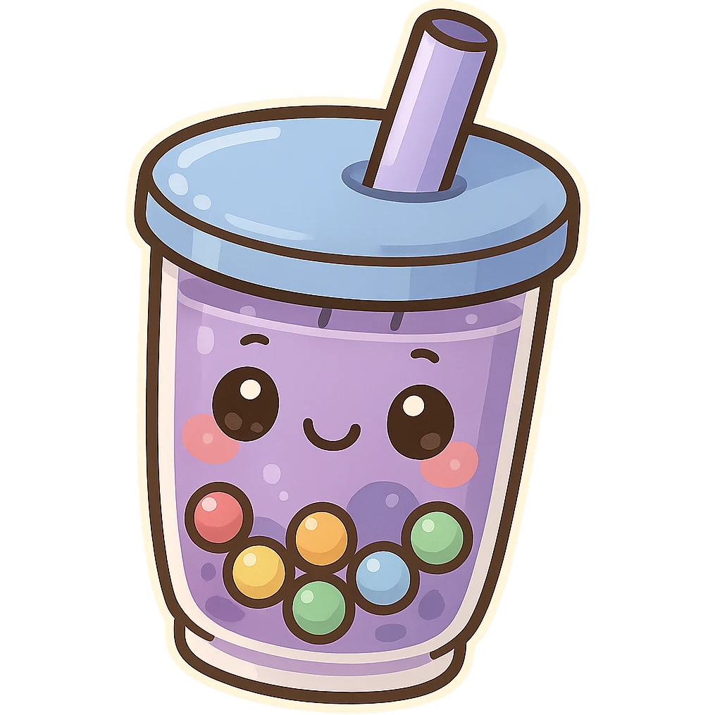 Purple pearl milk tea with rainbow boba, cute and exaggerated Q version sticker style emoji