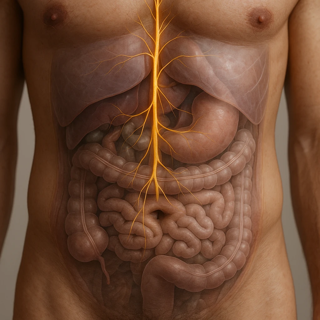 realistic 4K close-up image of human abdomen with vagus nerve highlighted, anatomical details, visible vagus nerve path, transparency on internal organs, natural colors, neutral background emoji