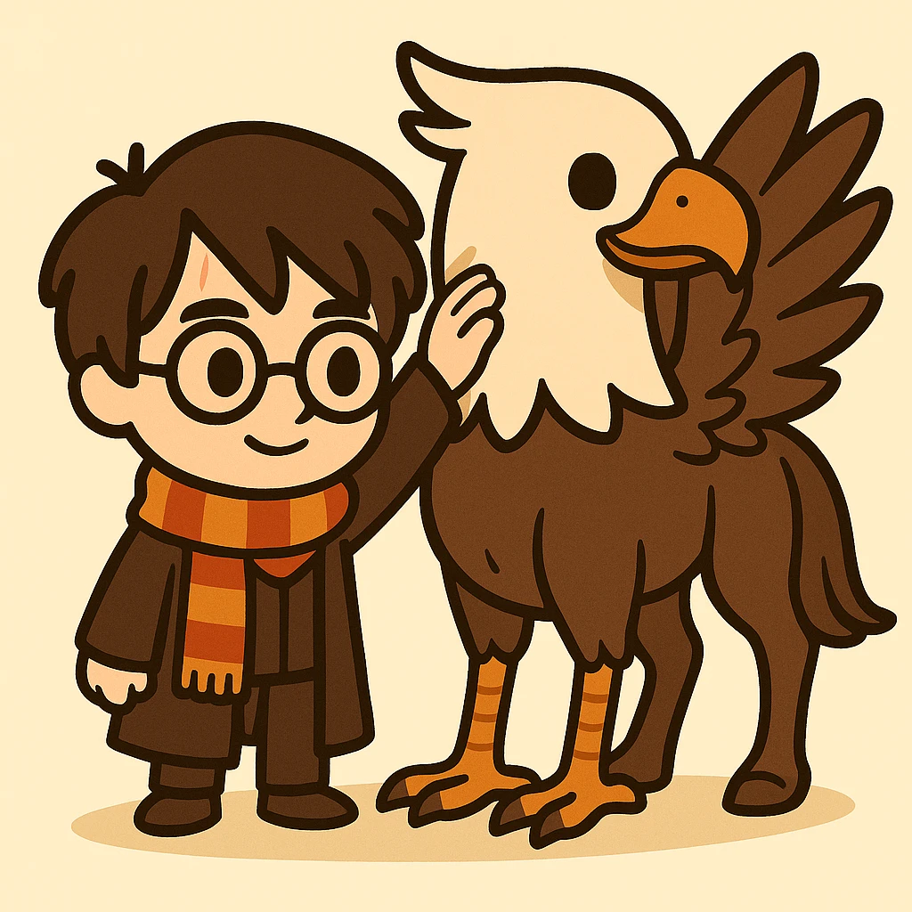 Full body cute, cartoon, simplified style illustration of Harry Potter petting a hippogriff beside him. Harry has round glasses, a lightning scar on his forehead, dark brown hair, a striped scarf, and Hogwarts robe, without a wand. The hippogriff is larger than Harry, with a horse body, eagle head and wings, with proportional and clearly visible wings. The illustration has bold black lines and soft colors, in a cute cartoon style. emoji