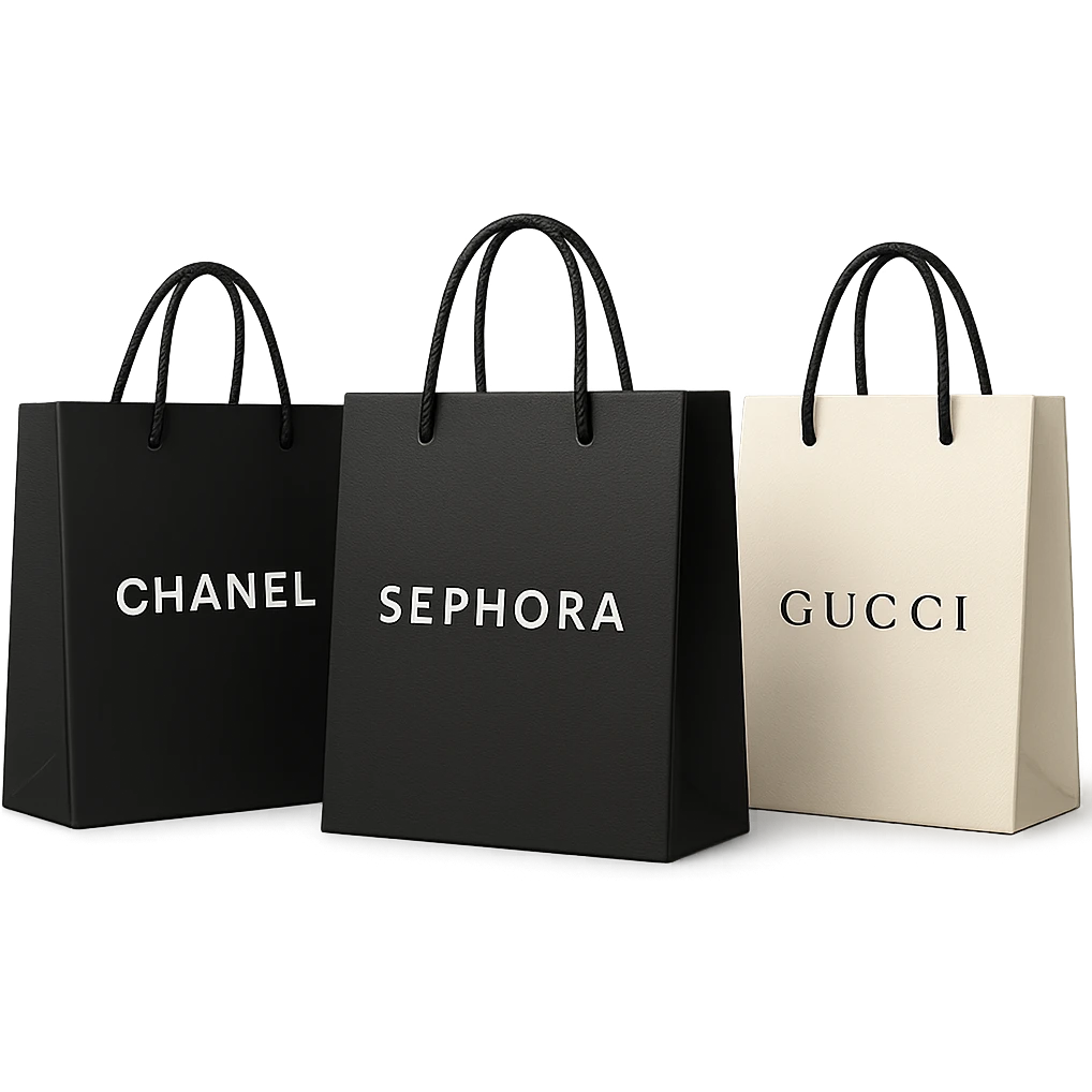 three shopping bags, featuring Sephora and two other designer brands, stylish and premium appearance emoji
