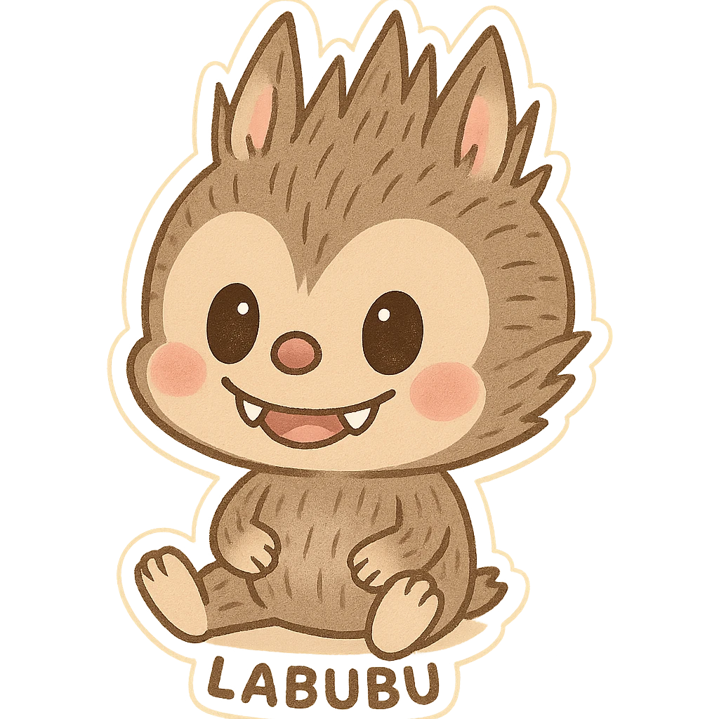 Labubu character, sitting, smiling, simple background emoji