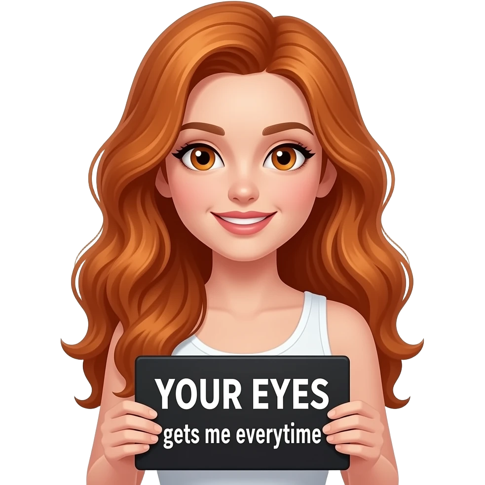 sexy girl with long wavy ginger hair and ginger eyes wearing a white tanktop is holding a black colored sign with YOUR EYES gets me everytime written on it emoji