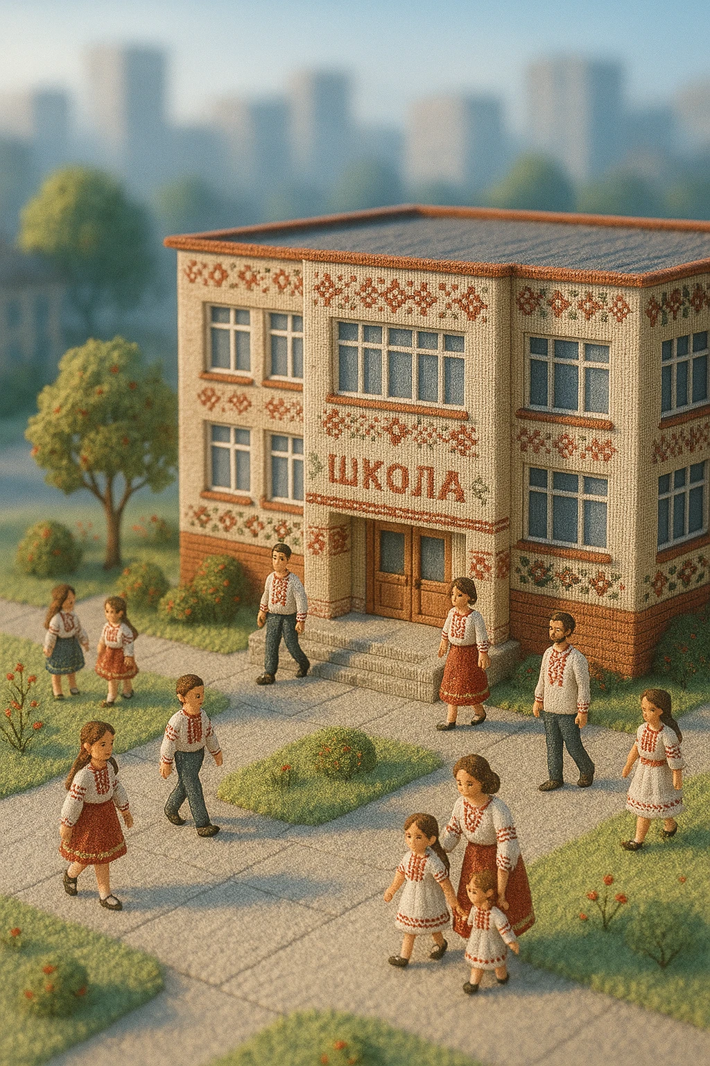 Tilt-shift 3D diorama of a modern Ukrainian school, embroidery-inspired style, with students and teachers. Cool morning lighting, dreamy calm atmosphere, blurred cityscape in the background. emoji