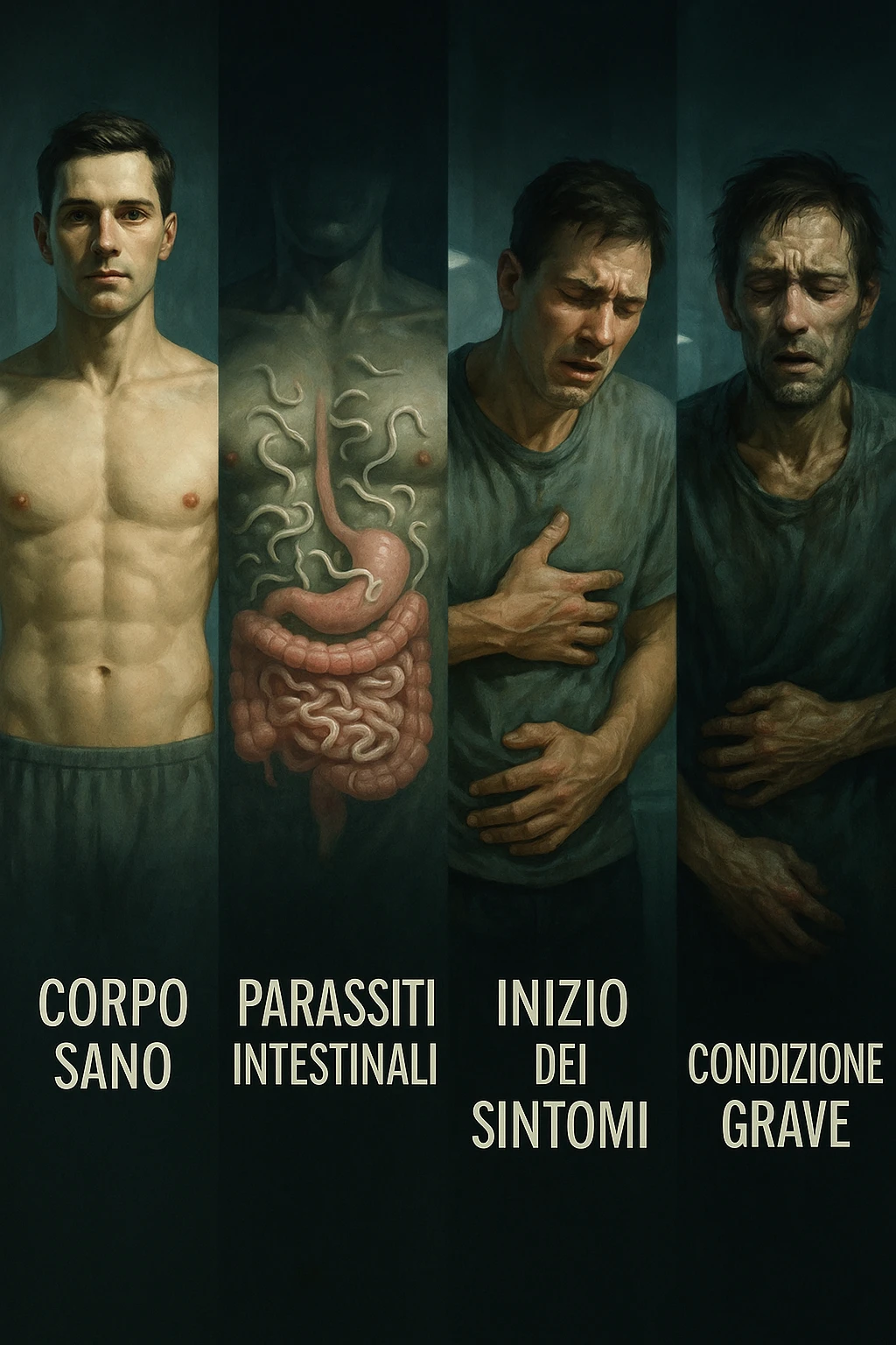 Illustrazione verticale realistica e cinematografica in italiano che mostra la progressione della malattia causata dai parassiti intestinali in più fasi. Da sinistra a destra: corpo umano sano, comparsa graduale di parassiti nell'intestino, sintomi iniziali di malessere, fino a uno stato di salute gravemente compromesso. Atmosfera clinica, luci drammatiche, didascalie in italiano, formato 2:3. emoji