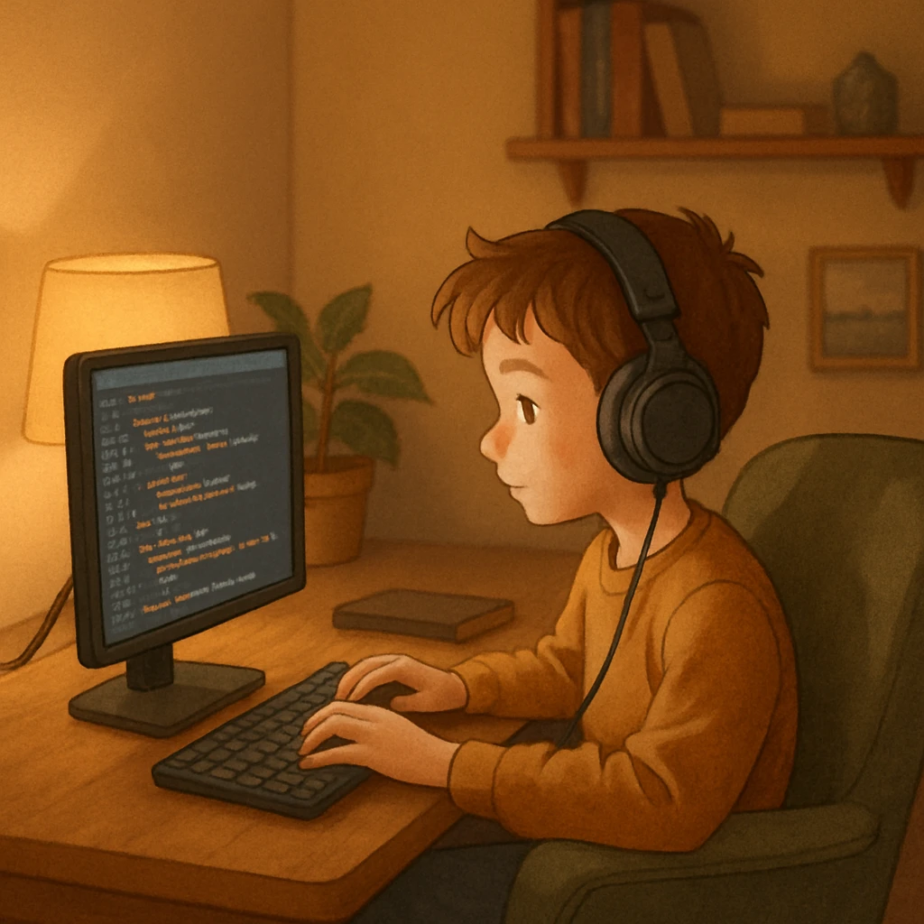 a boy wearing headphones, coding at a computer in a cozy room, soft lights, comfortable chair, cozy and relaxed atmosphere emoji