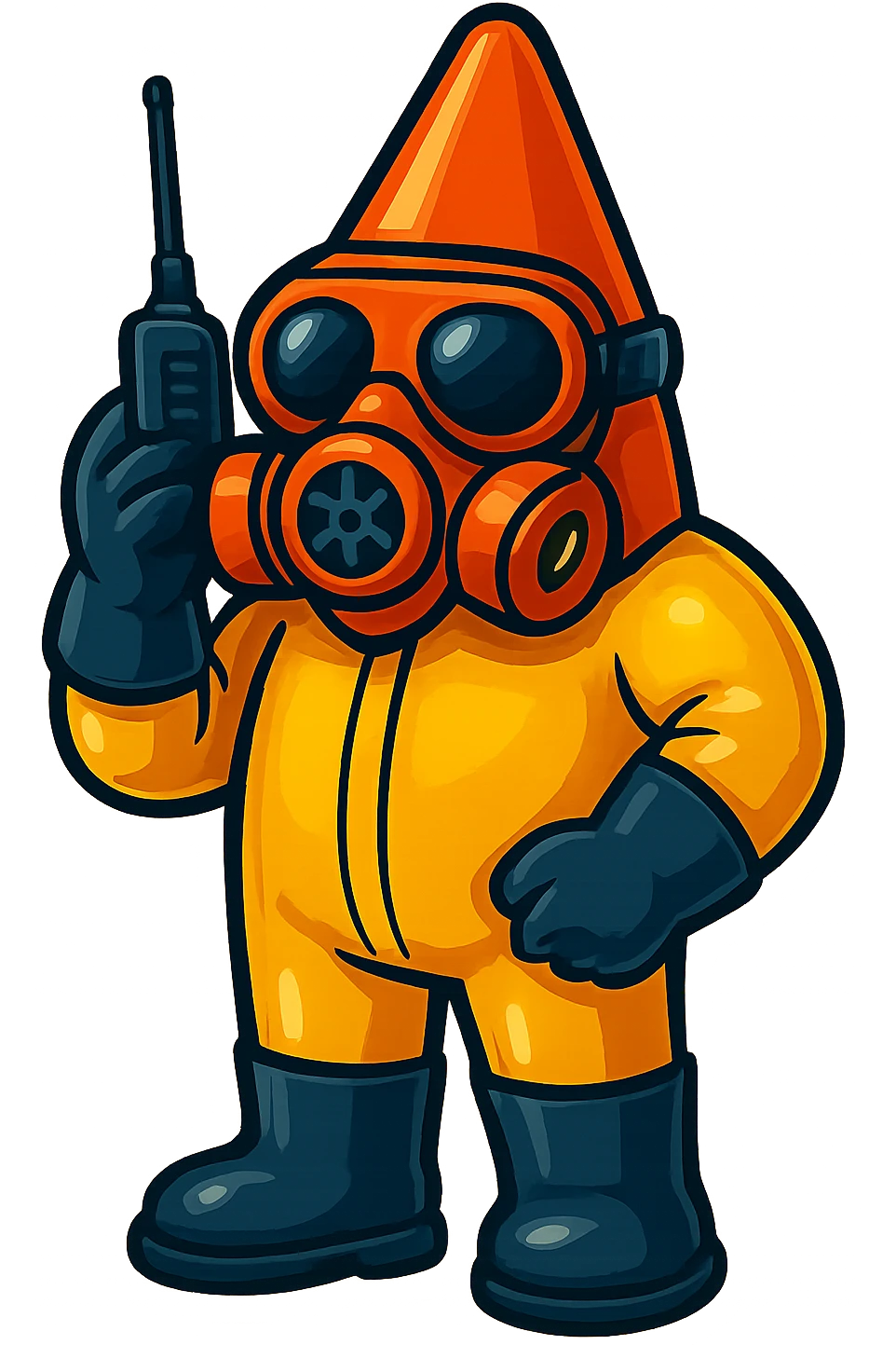 This character in retro sticker style, holding a walkie-talkie to his mask, giving orders. emoji