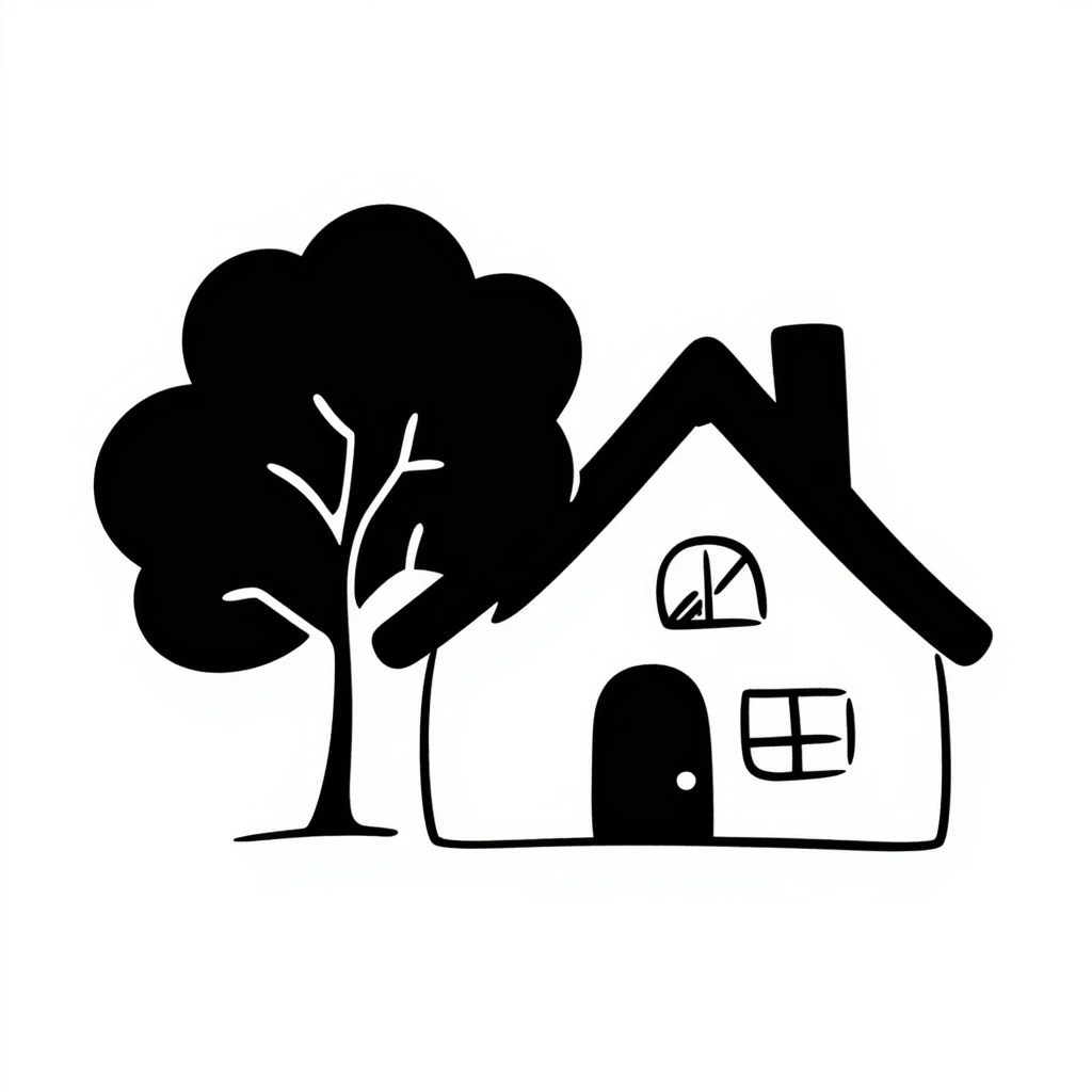 a home with a tree, hand-drawn black outline doodle style emoji