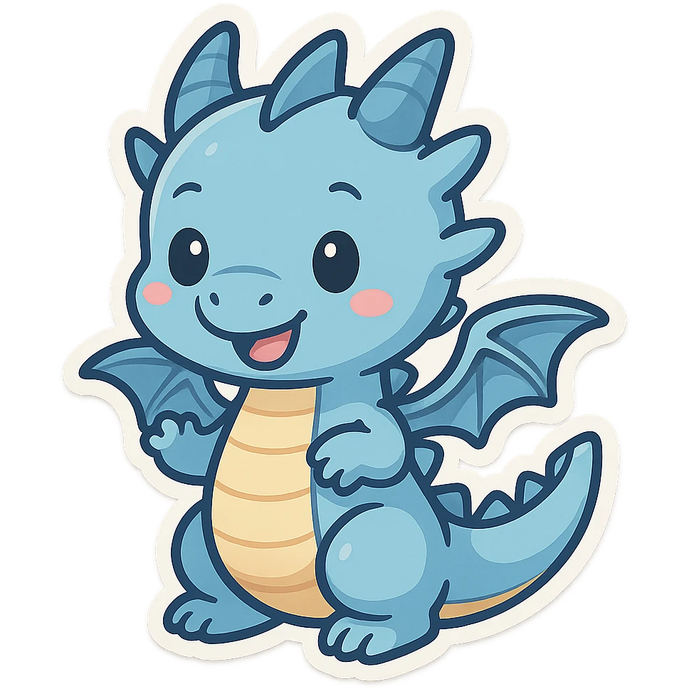 cartoon style dragon with cute face, blue color, small wings, friendly and playful emoji