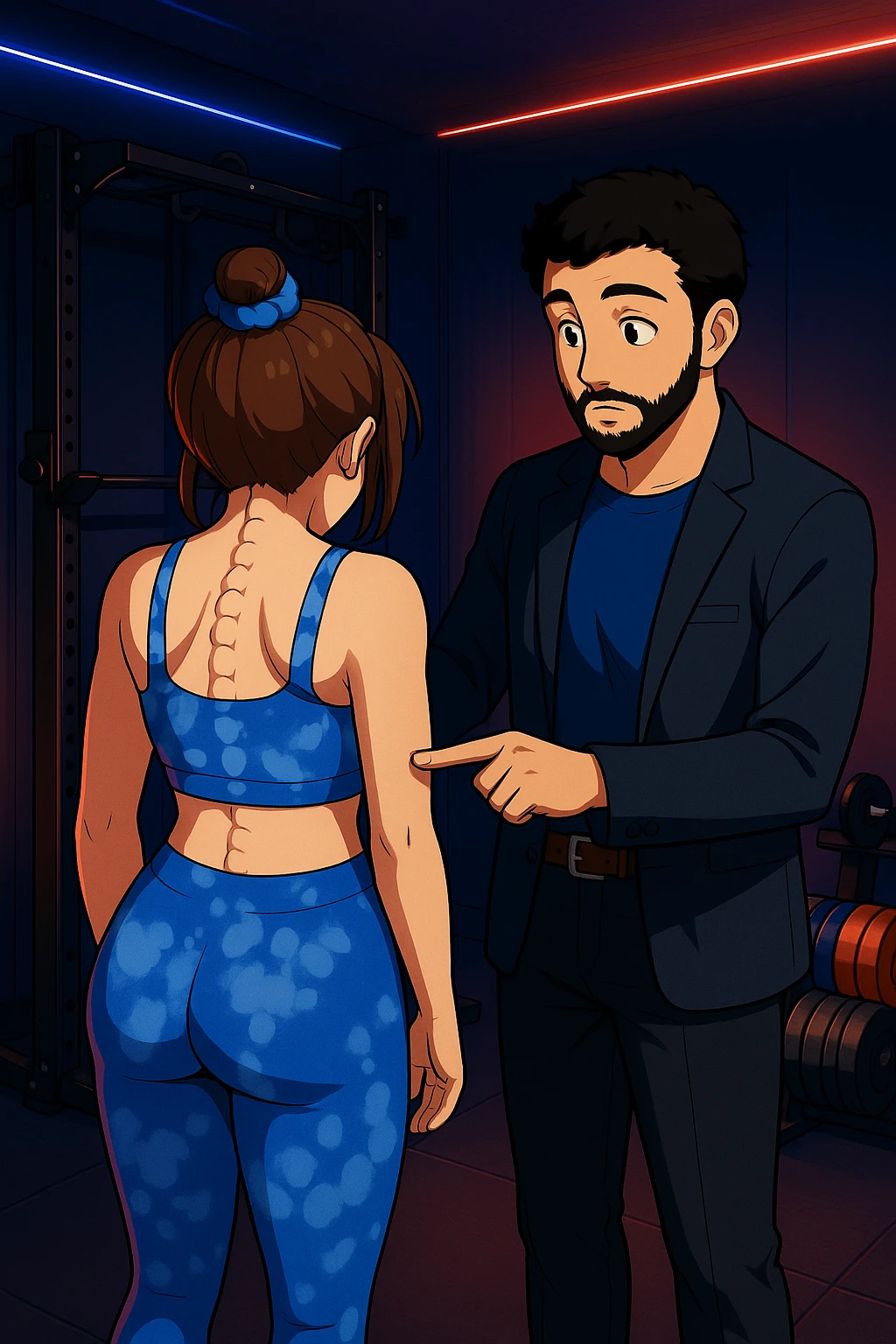 ispirati a questo stile di disegno e fai questa immagine in versione manga/webtoon a colori, il manga mostra la donna di spalle, mentre l'uomo le tocca la spina dorsale per spiegarle come funziona la scoliosi:
Con una scoliosi il baricentro corporeo cade maggiormente da un lato; per non cadere la schiena compensa accumulando tensione sul fianco opposto.
Il risultato? Si inclina e ruota sempre più, fino a che non cede (discopatie, artrosi, ecc) emoji