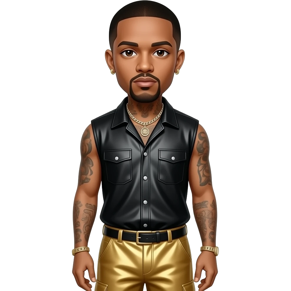 Drake with dark brown eyes, black buzz cut hair, black metallic hip-hop sleeveless shirt, gold metallic hip-hop baggy pants, necklace and earrings emoji