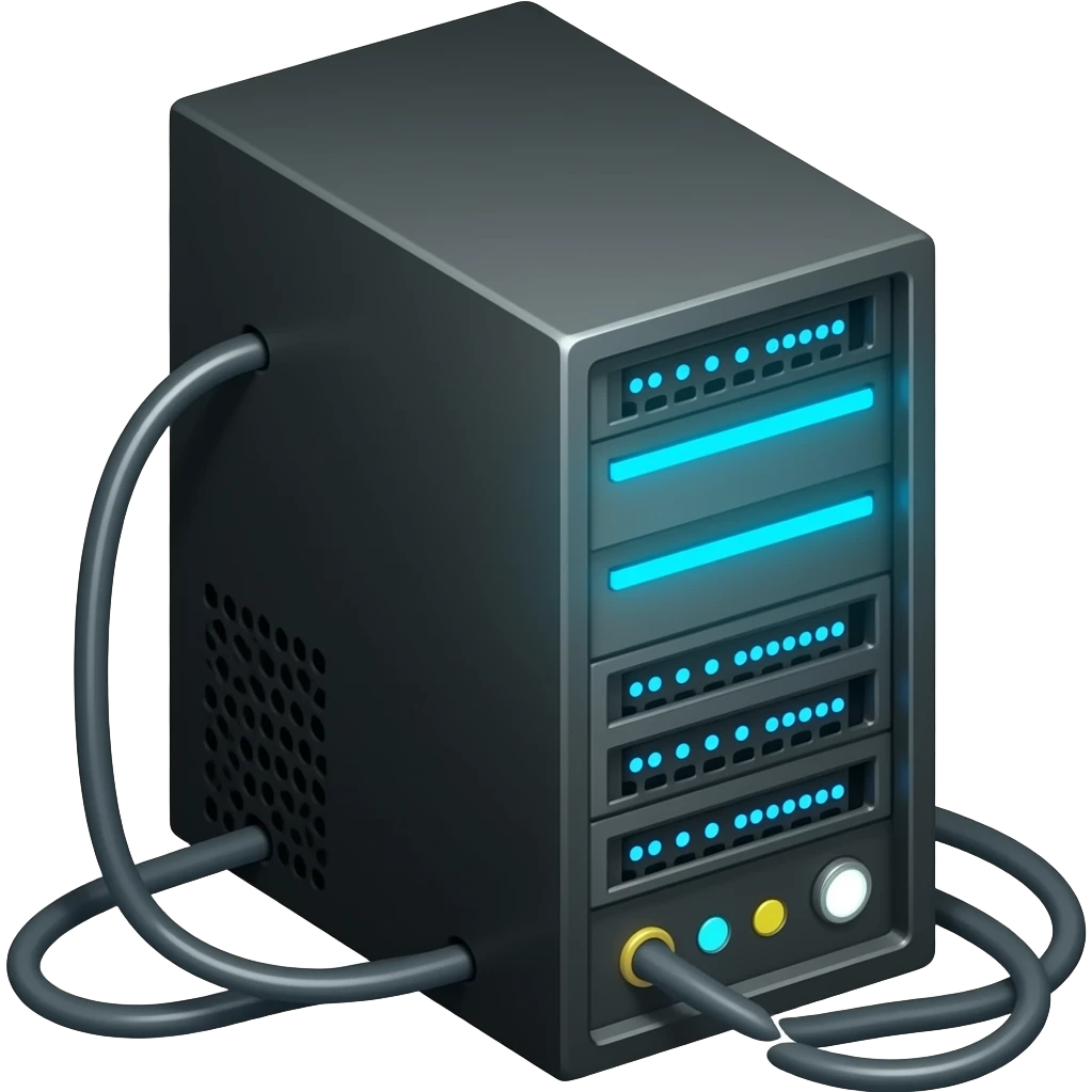 Semi‑realistic fantasy tech illustration of a black computer server tower with glowing blue vents and cables, faint ghostly light inside hinting at trapped souls, warm parchment‑style lighting, painterly shading, transparent background, square, no text. emoji