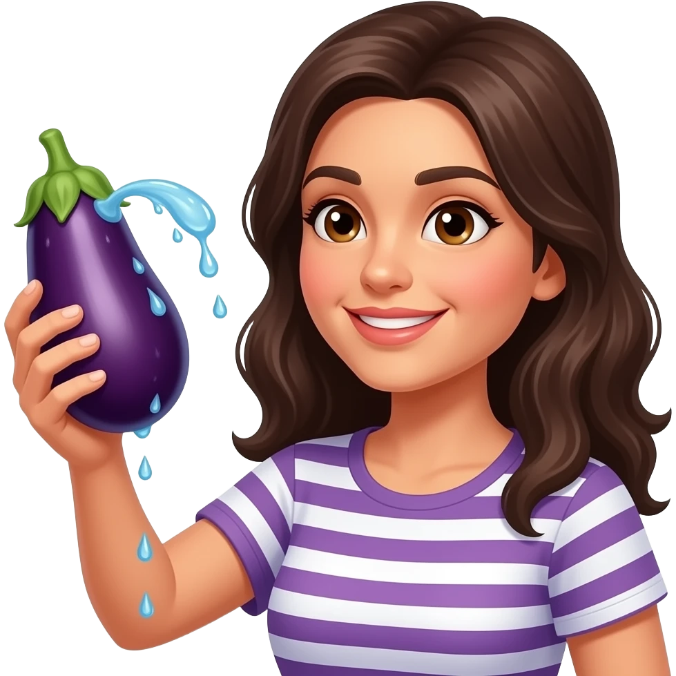 Brunette Latina wife holding a eggplant squirting water from the tip emoji