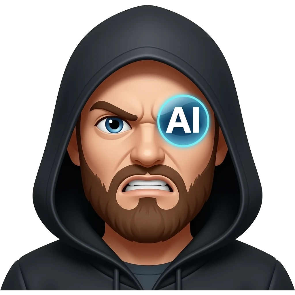 bald human rogue with brown beard and black hood angry with AI IN FACE emoji