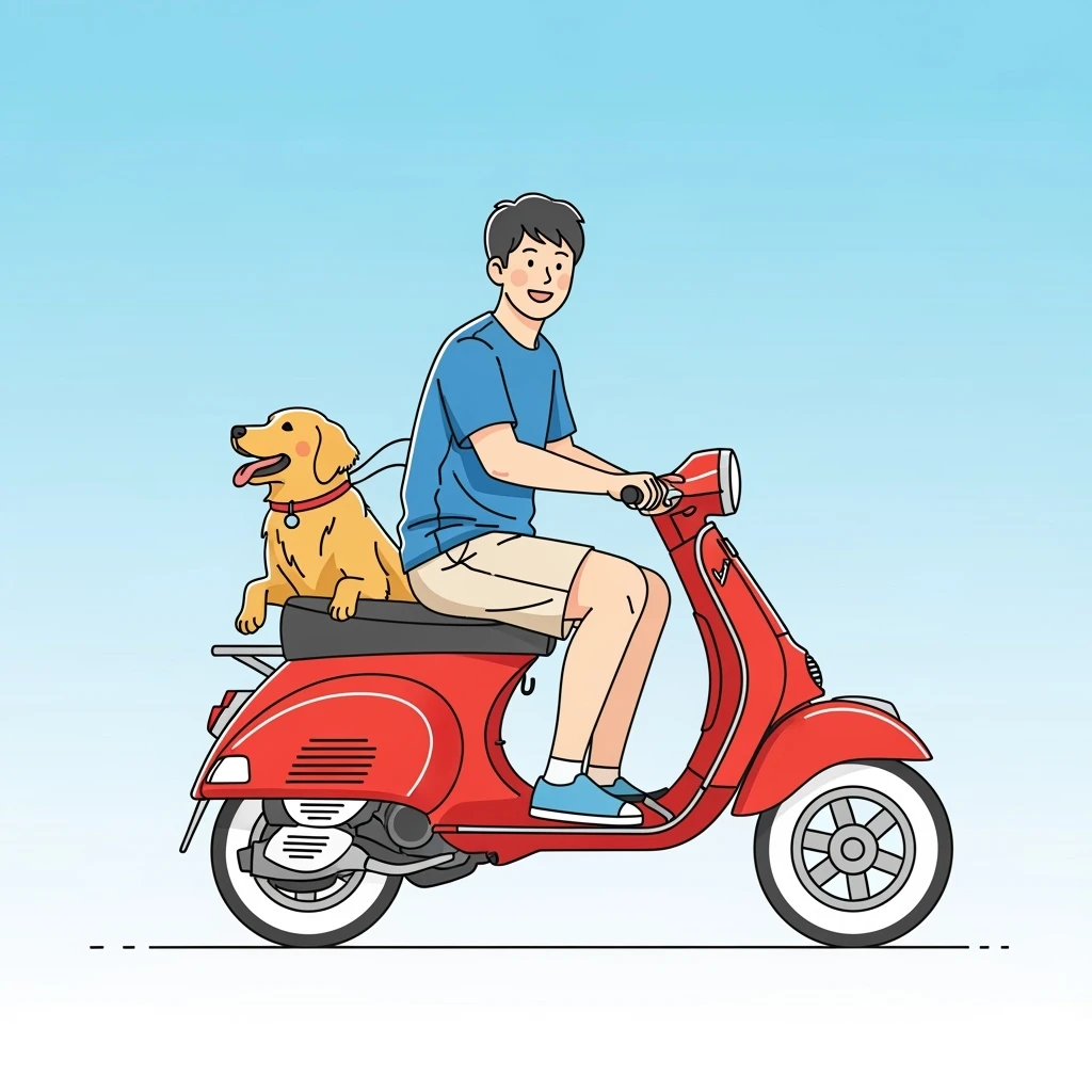 color vector art with thin outline of man and pet dog riding a scooter emoji