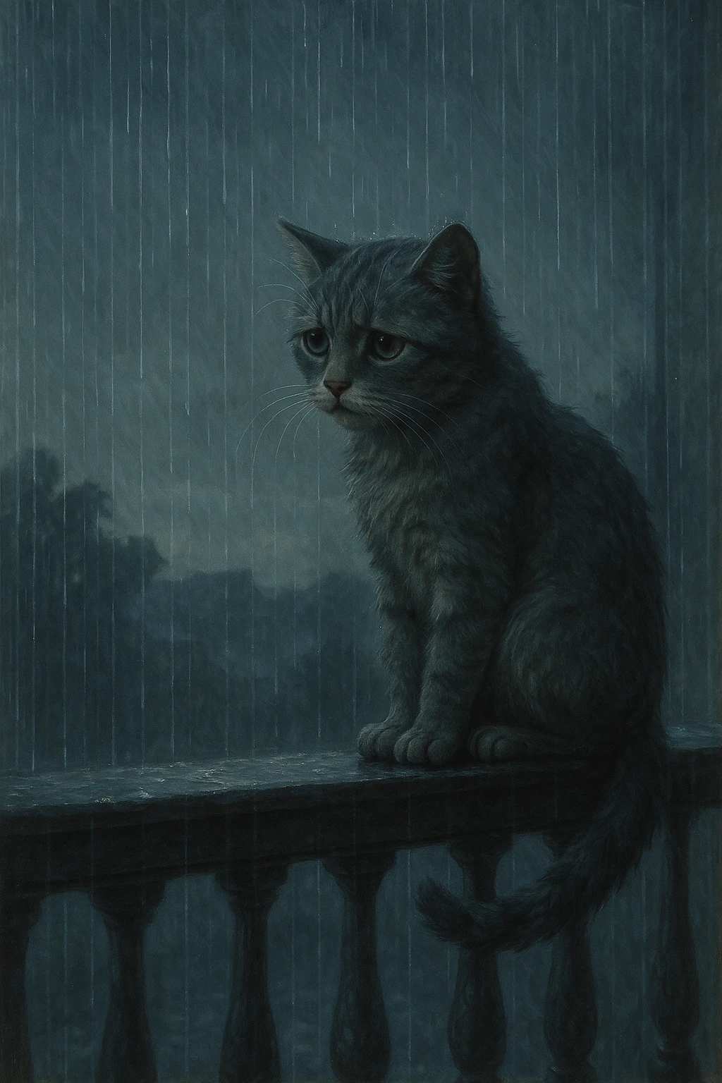 A melancholy cat sitting on a balcony railing, rain pouring down, the cat gazing out longingly. emoji