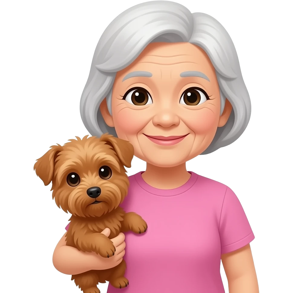 Asian grandma wearing pink tshirt with short white hair carrying brown terrier emoji