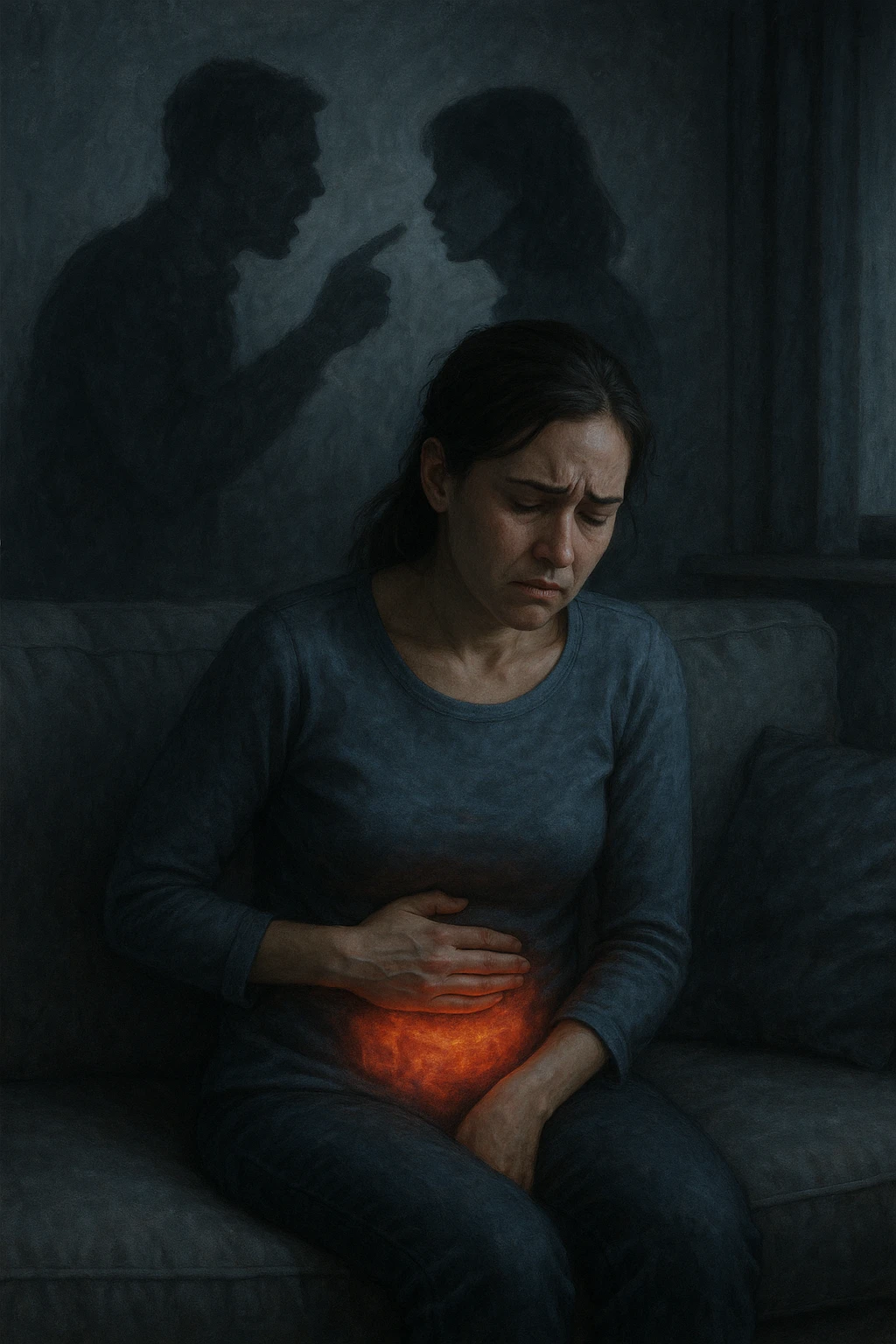 Donna sui 30 anni seduta su un divano, con una mano sull’addome e un'espressione visibilmente provata e triste. Intorno a lei, l’atmosfera è opaca e pesante, con toni freddi. Un’ombra simbolica dietro di lei rappresenta un evento stressante recente (es. un litigio o una perdita). Sul corpo, un lieve bagliore localizzato nella zona intestinale, a simboleggiare il dolore e l'infiammazione. Ambiente domestico, luci basse, emozione visibile. Stile realistico o metaforico con elementi emozionali e viscerali. emoji