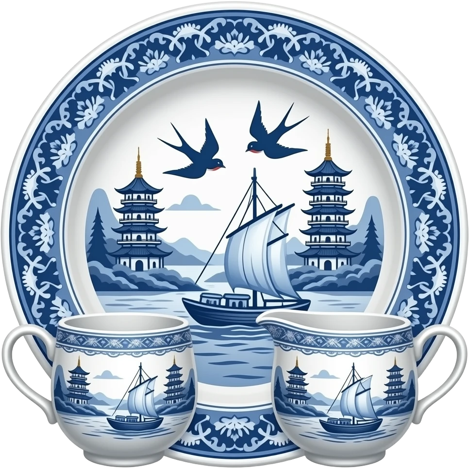 chinoiserie blue willow china pattern creamer and sugar set with a boat, pagodas and two swallows emoji