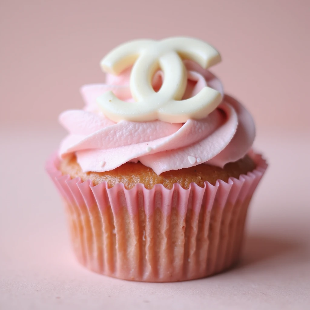 photorealistic pastel pink Chanel cupcake with a white chocolate logo, no background emoji