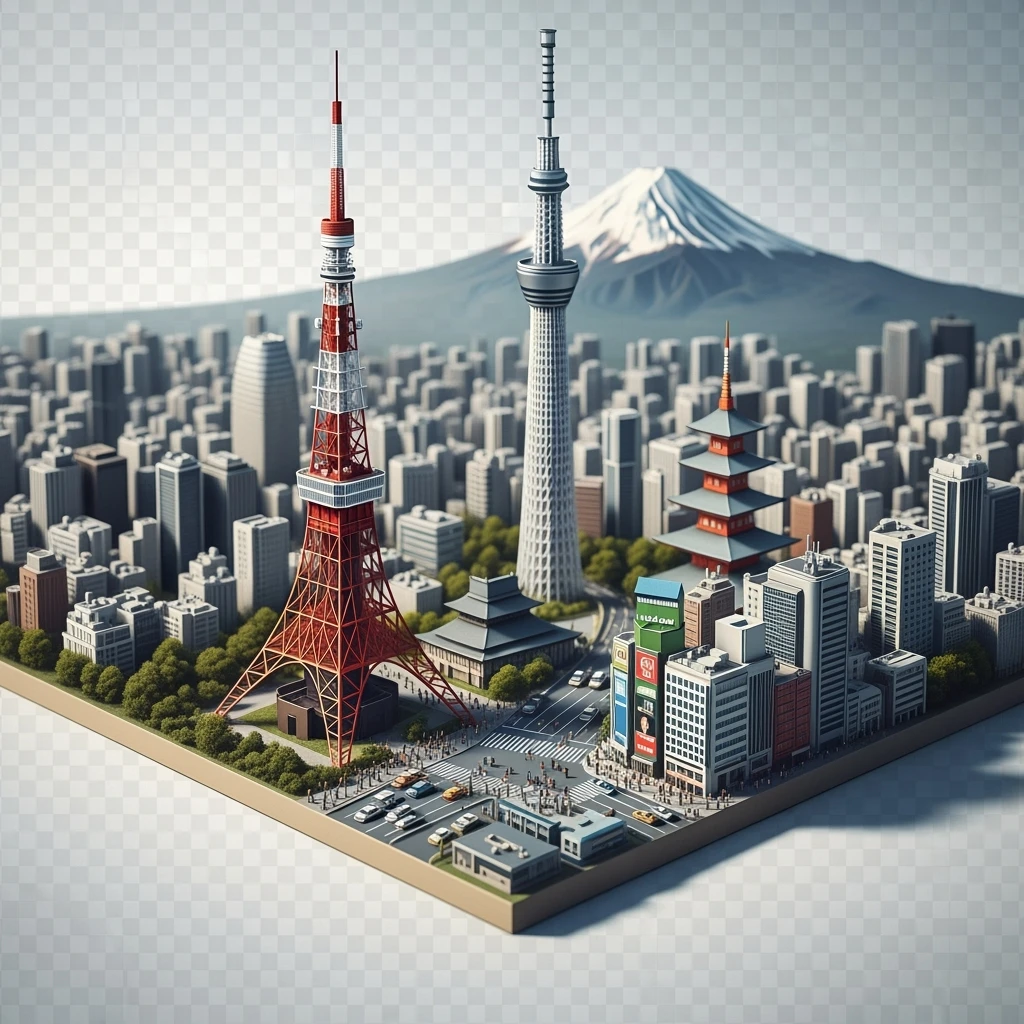 Isometric illustration of Tokyo, with photorealistic detailed miniature cityscape included Tokyo Tower, Skytree, Shibuya Crossing, Mount Fuji in background, balanced colors, subtle 3D miniature effect, no cartoonish look, transparent background. emoji