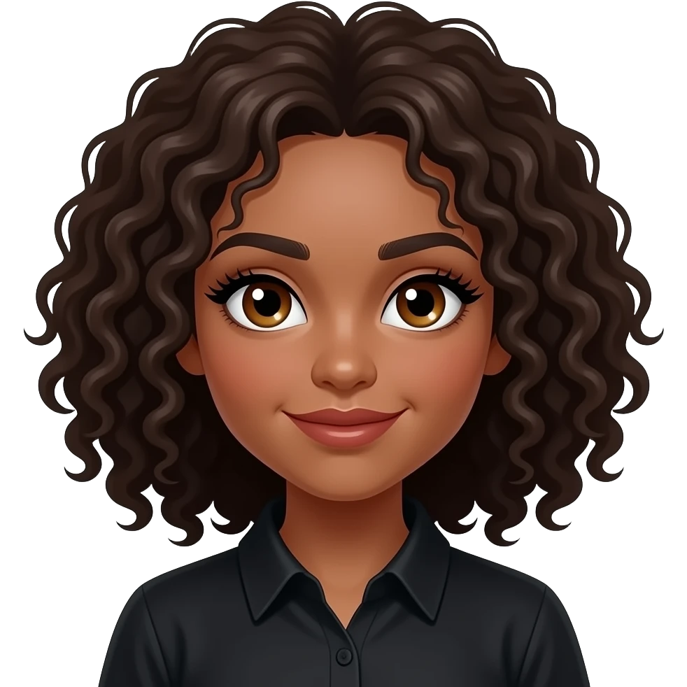 girl with dark, curly brown hair, dark-goldenish-brown skin, big brown eyes, long lashes, thick eyebrows, a single dimple on her left cheek, vampire shirt. emoji