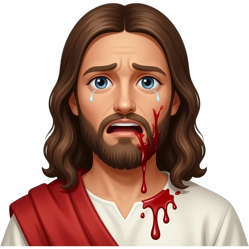Jesus having a panic attack and sweating blood with a scared look on his face emoji