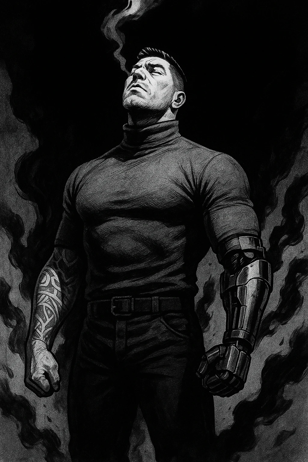 Black and white comic book panel of an extremely muscular Italian man with cybernetic implants standing in the dark, surrounded by smoke. He is wearing a long-sleeved shirt with a high collar, and his chest is sculpted. emoji