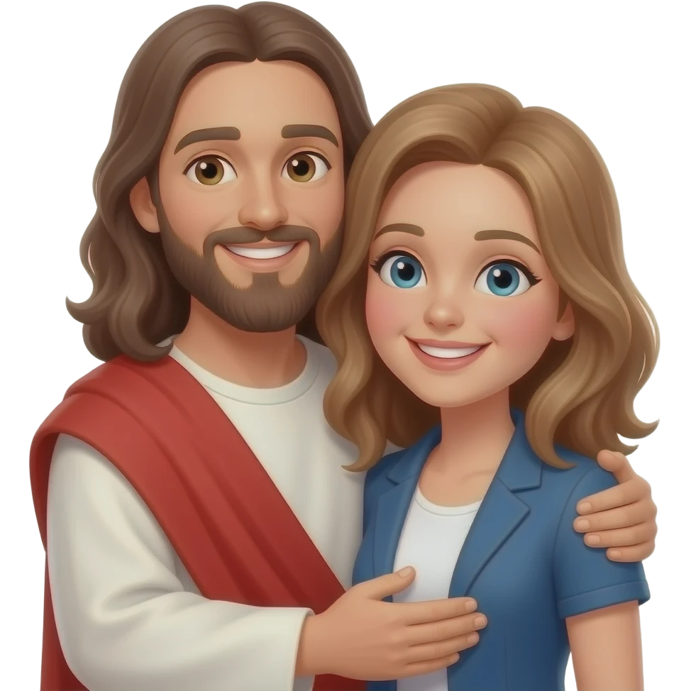 Jesus hugging a modern day woman with light brown hair with smiles on both their faces emoji