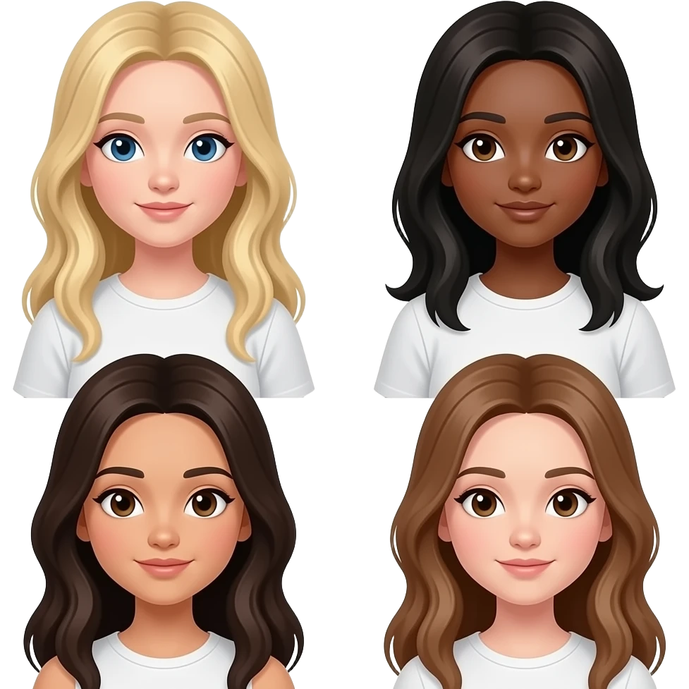 four friends one with one long blonde hair and blue eyes one girl with dark skin and dart hair and brown eyes one girl with dark brown hair and brown eyes and one girl with light brown hair and brown eyes emoji