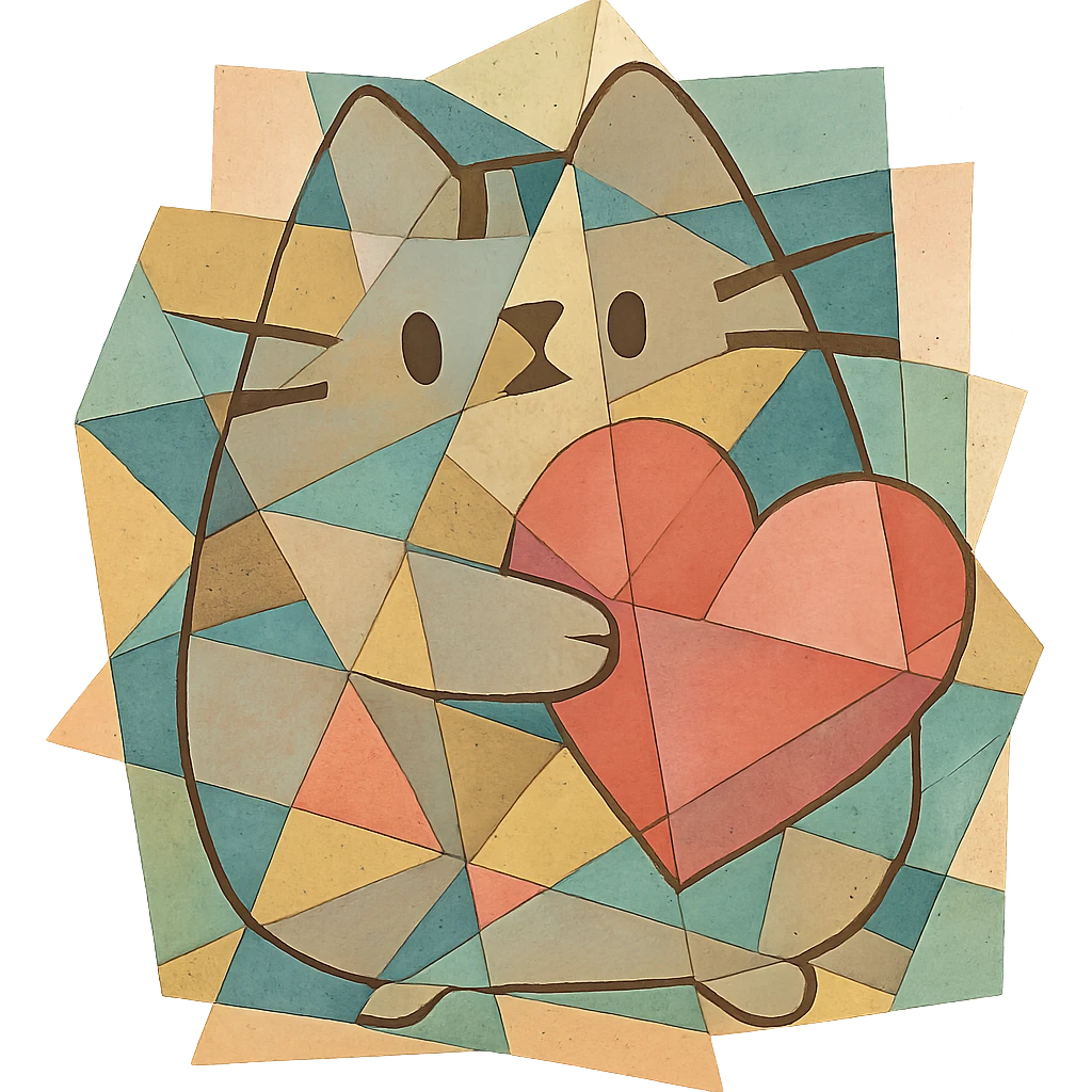 Pusheen hugging a big heart, pastel colors, adorable, cubist abstraction style emoji