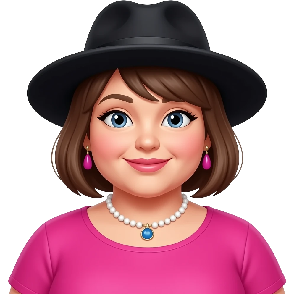 a beautiful lady chubby wear vibrant pink color  clothes and wear black collor hat emoji