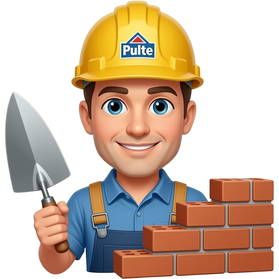 block mason with tools and Pulte on his hard hat emoji