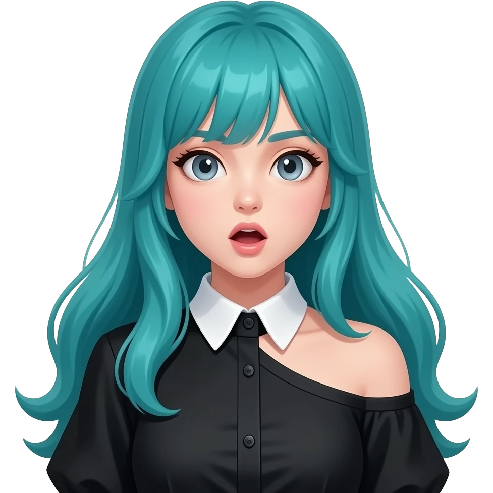 girl, surprised, long flowing teal hair, grey eyes, black shoulder cyberpunk blouse with fancy white collar emoji