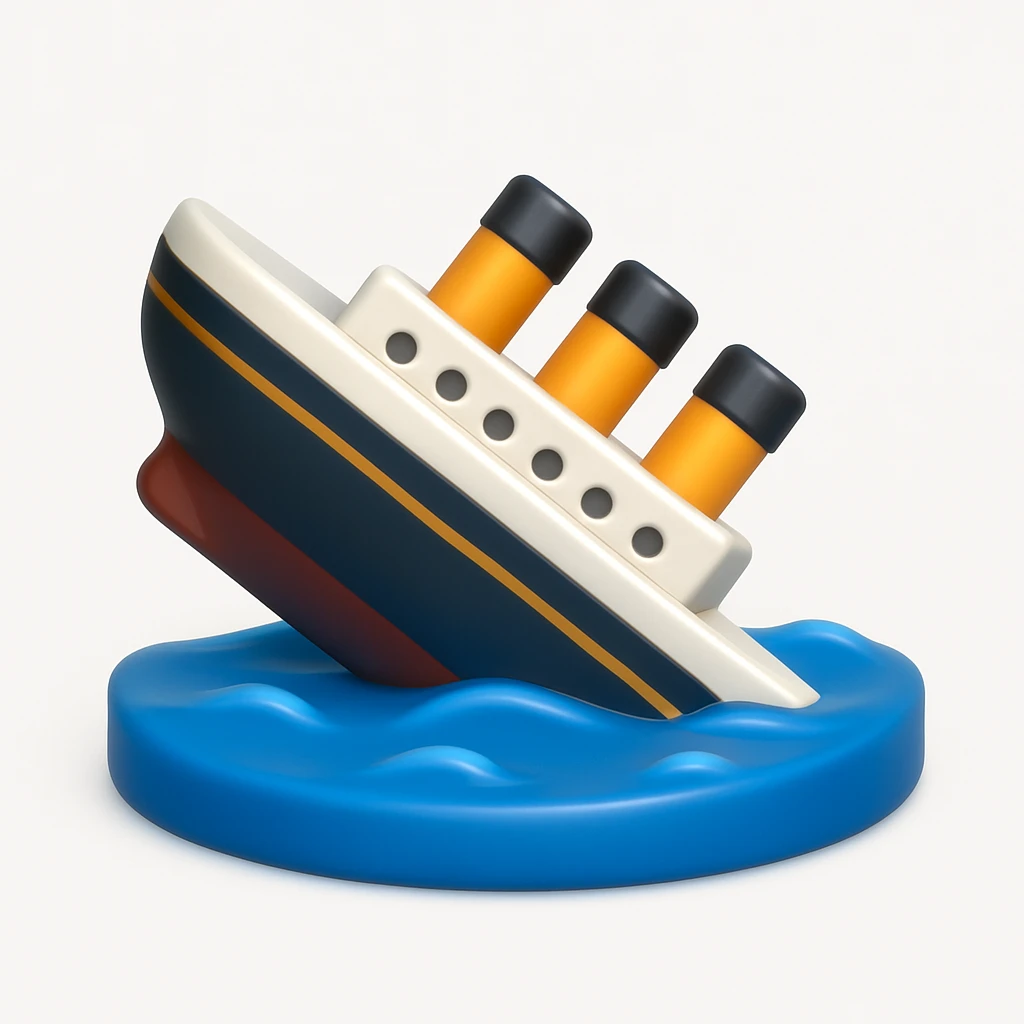 A 3D emoji in iOS emoji aesthetic style of a sinking ship, half-submerged in blue ocean water, tilted downward with small waves around, soft lighting and glossy Apple-style finish, clean white background.


 emoji