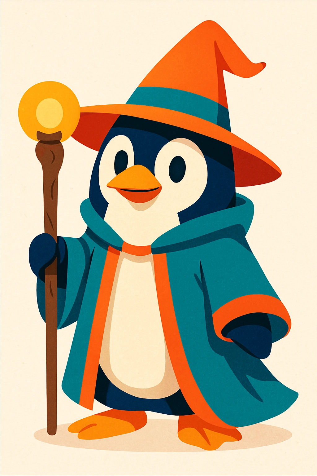 a penguin dressed as a wizard, with a pointed hat and a magic staff, in a charming, colorful style emoji