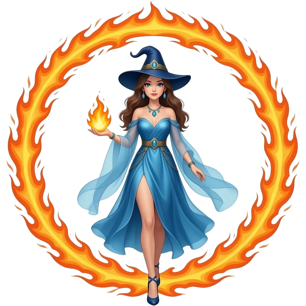 An elegant sorceress in a long ethereal blue dress carries a small flaming globe in her hand and walks through a huge flaming ring emoji