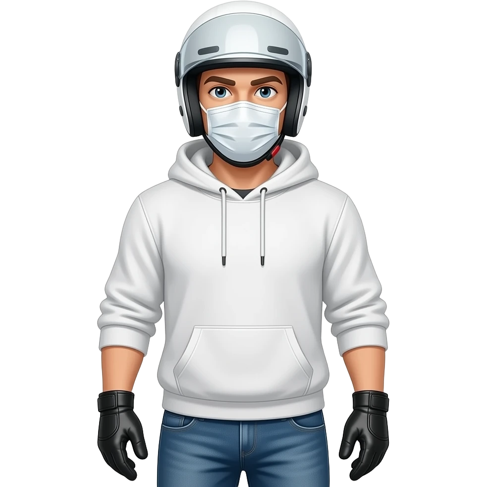 man wearing blue jeans, a white hoodie, black leather gloves, a white helmet with an unvisible eyes shield and a white mask emoji