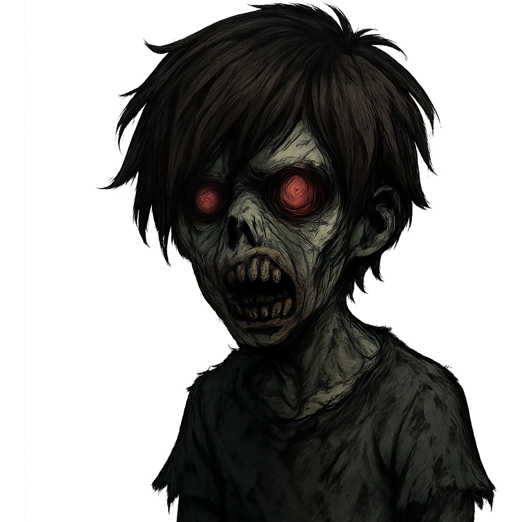 boy zombie with messy brown emo hair, medium length, dark and spooky, scary face emoji
