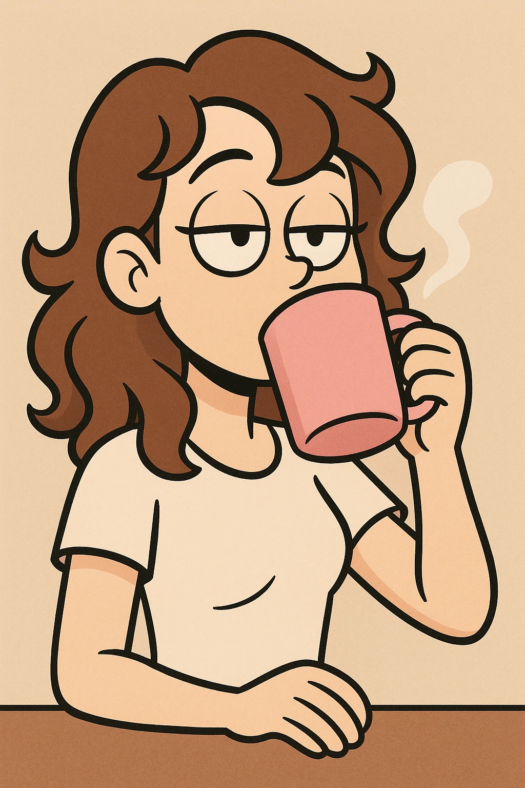 white girl with wavy brown hair, drinking coffee from a pink cup, flat toon style emoji