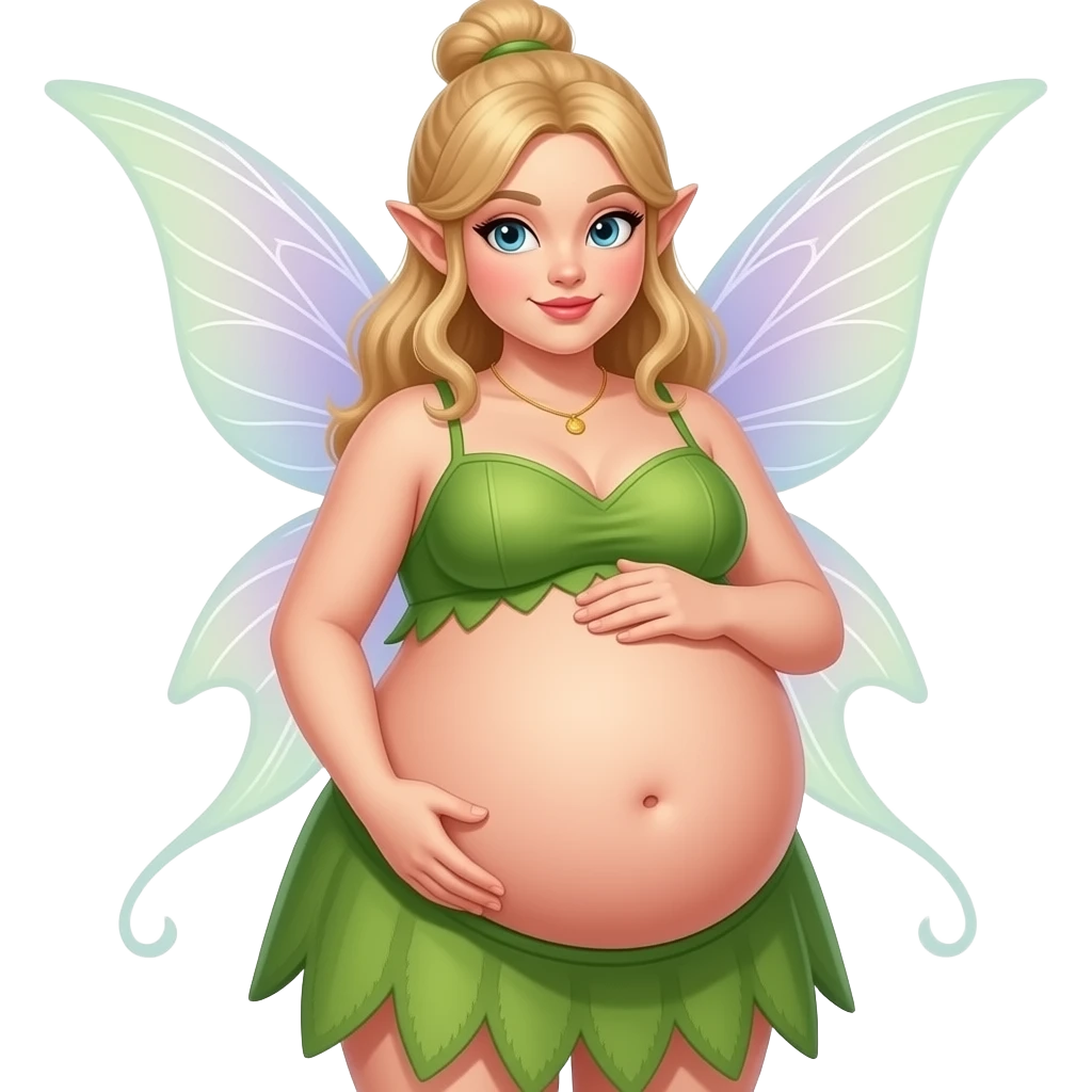 A fairy with a large overstuffed tummy makes her look heavily pregnant,her bellybutton likes kissing everything. emoji