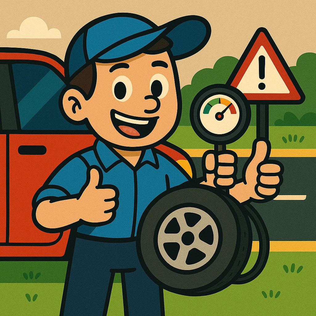 Simplify the illustration by keeping only the tire, the pressure gauge, and the car. Correct the character to have only two arms. Maintain the bright colors and friendly cartoon style. emoji